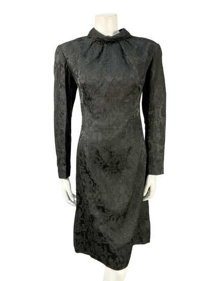 VTG 60S 70S BLACK AZTEC GEOMETRIC DAMASK GLITTERY MOD PARTY WIGGLE DRESS 12