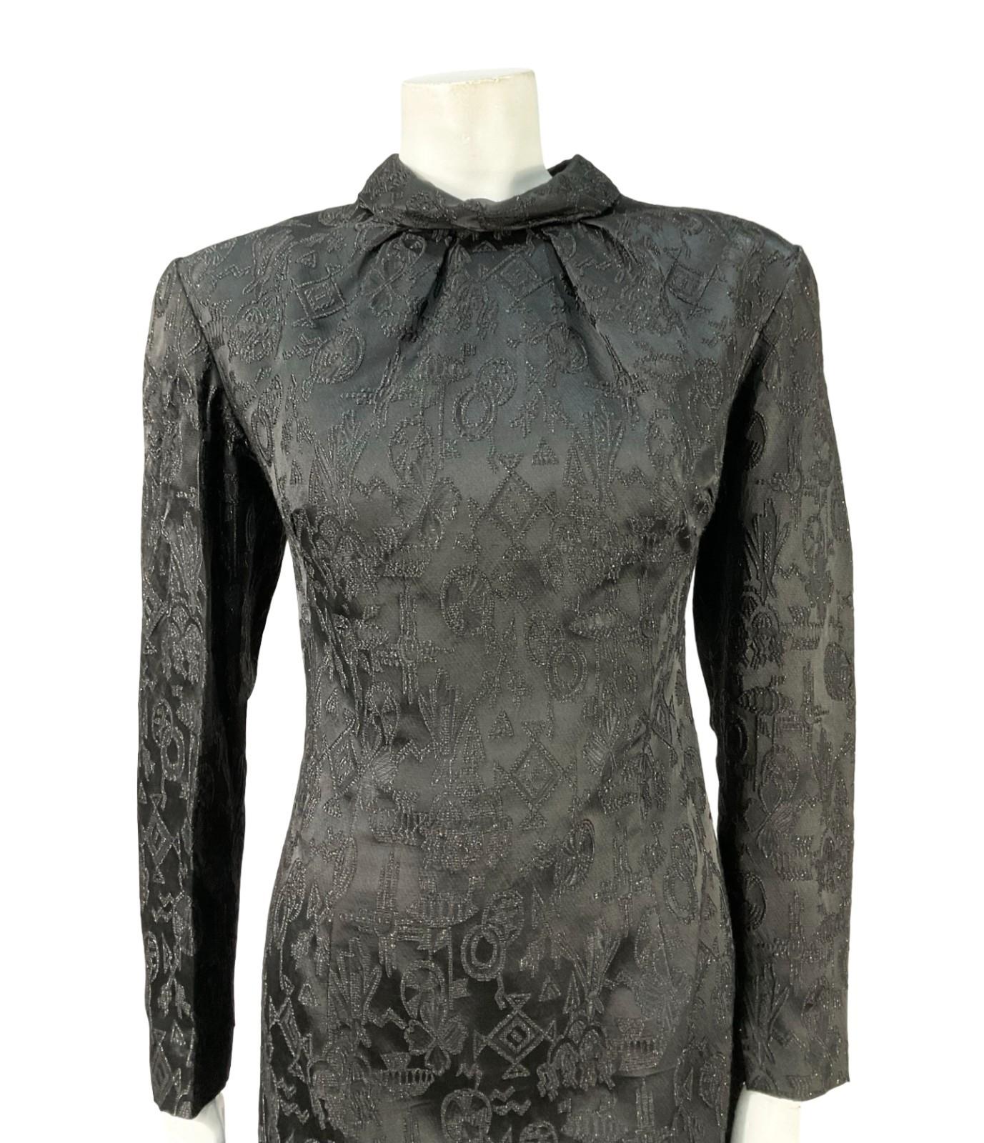 VTG 60S 70S BLACK AZTEC GEOMETRIC DAMASK GLITTERY MOD PARTY WIGGLE DRESS 12
