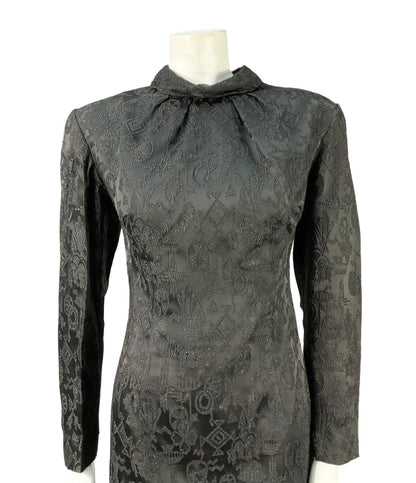VTG 60S 70S BLACK AZTEC GEOMETRIC DAMASK GLITTERY MOD PARTY WIGGLE DRESS 12