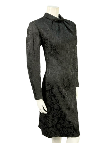 VTG 60S 70S BLACK AZTEC GEOMETRIC DAMASK GLITTERY MOD PARTY WIGGLE DRESS 12