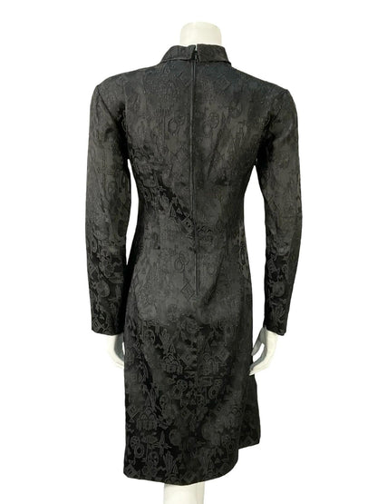 VTG 60S 70S BLACK AZTEC GEOMETRIC DAMASK GLITTERY MOD PARTY WIGGLE DRESS 12