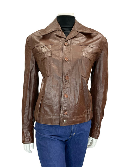 VTG 60S 70S MAHOGANY BROWN LEATHER DAGGER COLLAR ELASTICATED WAIST JACKET 16 L