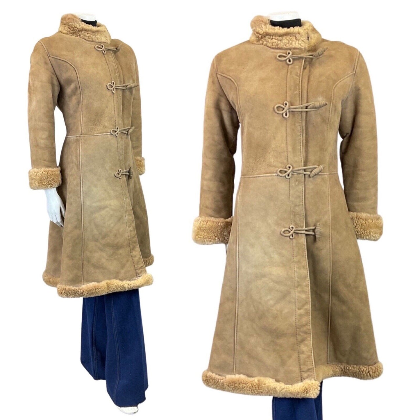 VINTAGE 60s 70s SAND BROWN SUEDE LEATHER TOGGLE BOHO LONG SHEARLING COAT 10 12