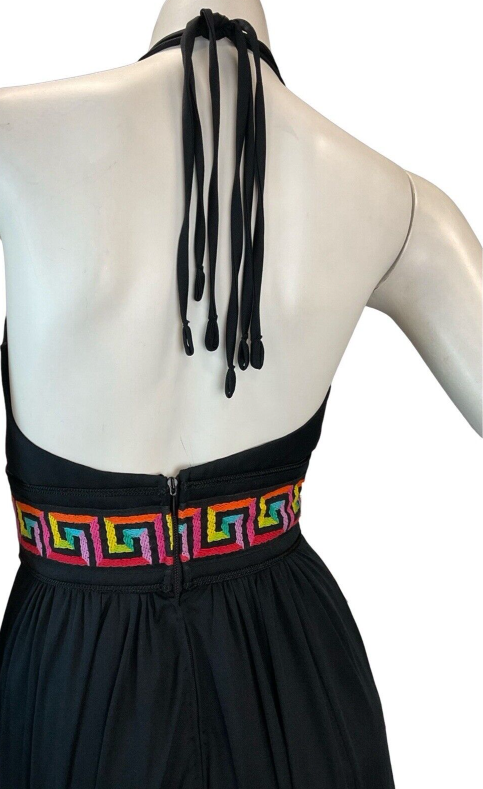 VTG 70S DISCO SUMMER BLACK MULTICOLOUR EMBROIDERED HALTERNECK MAXI DRESS 4