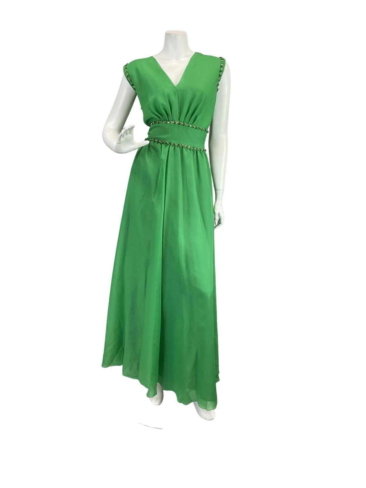 VINTAGE 60s 70s APPLE GREEN BEADED SEQUIN SLEEVELESS GOWN MAXI DRESS 12 14