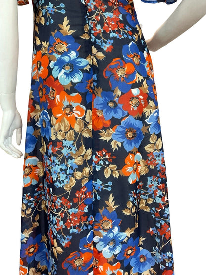 VTG 70S BLUE ORANGE FLORAL BELL SLEEVE EMPIRE MAXI DRESS 8