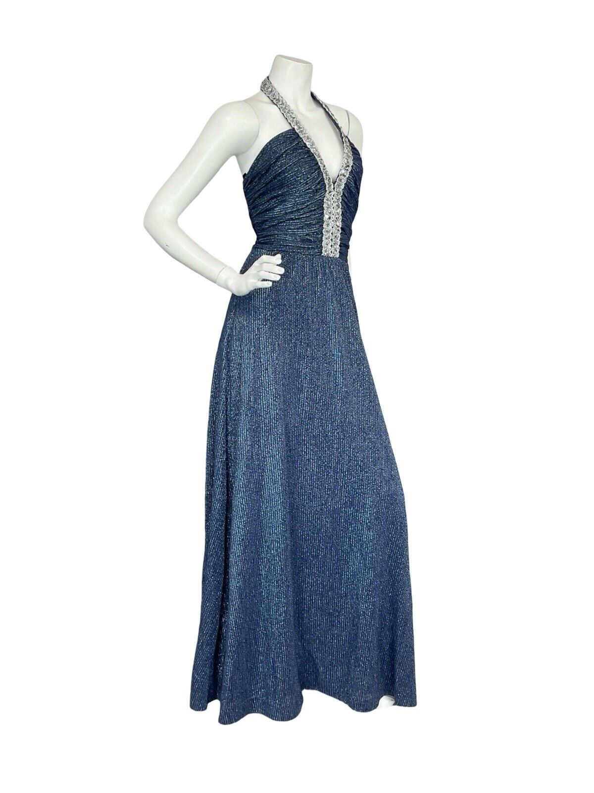 VTG 70S STUDIO 54  BLUE SILVER SEQUIN TRIM STRIPED HALTER NECK MAXI DRESS 8 10 S