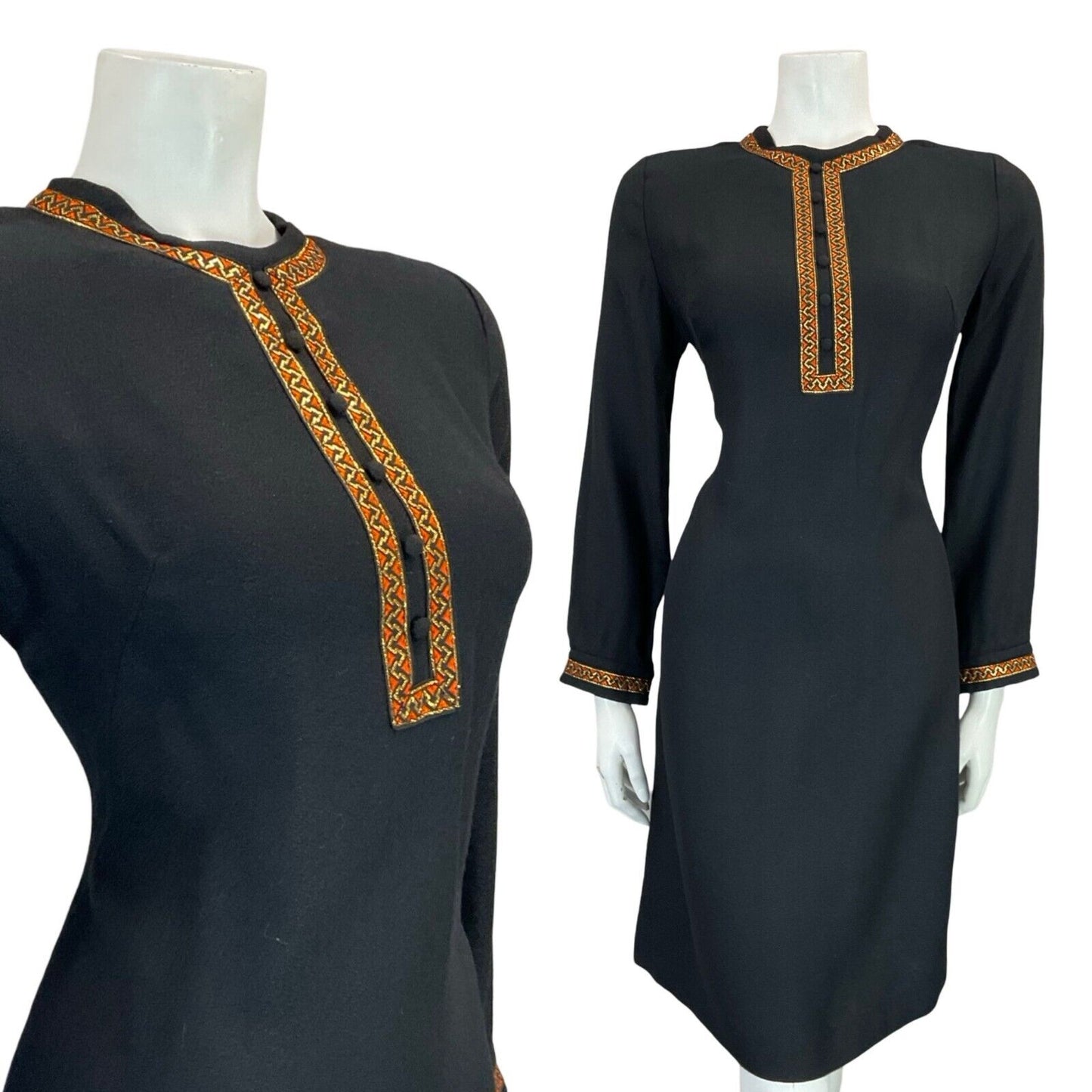 VTG 60S BLACK MEDIEVAL BIB MOD EVENING PARTY GOLD COPPER TRIM TUNIC DRESS 8 10 S