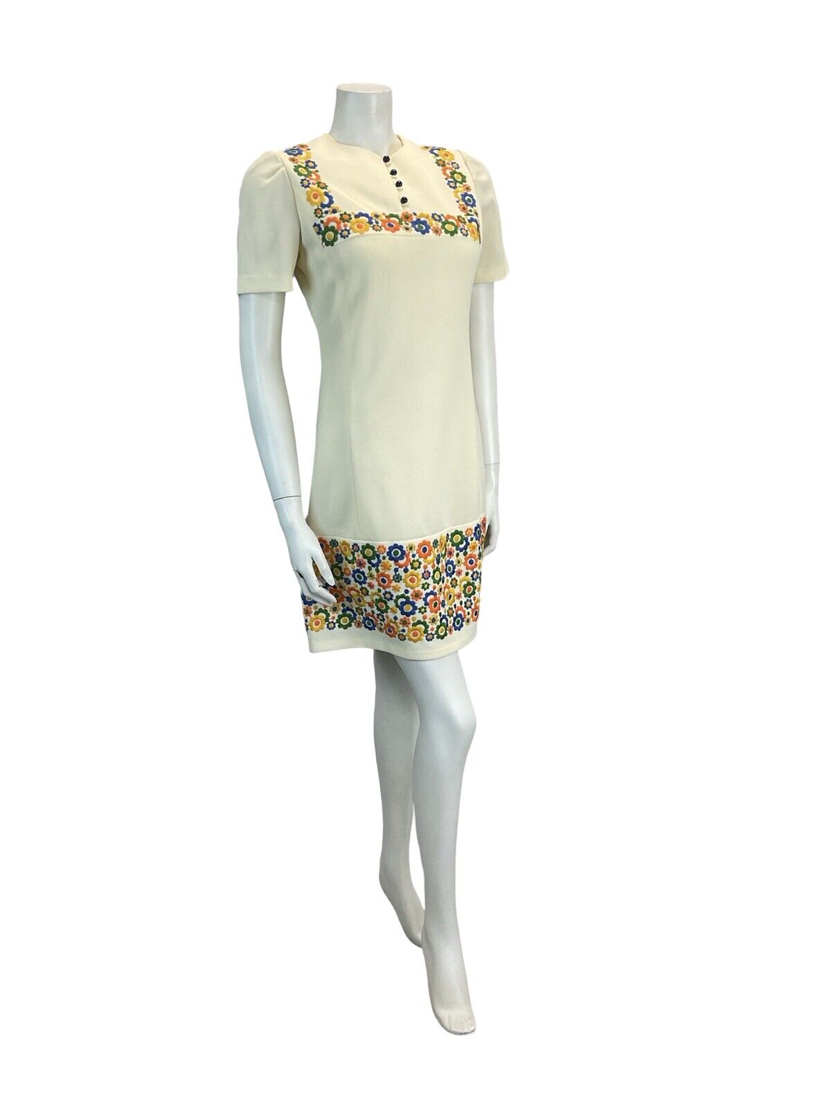 VTG 60S 70S CREAM EMBROIDERED FLORAL MINI DRESS MOD SCOOTER 8 10