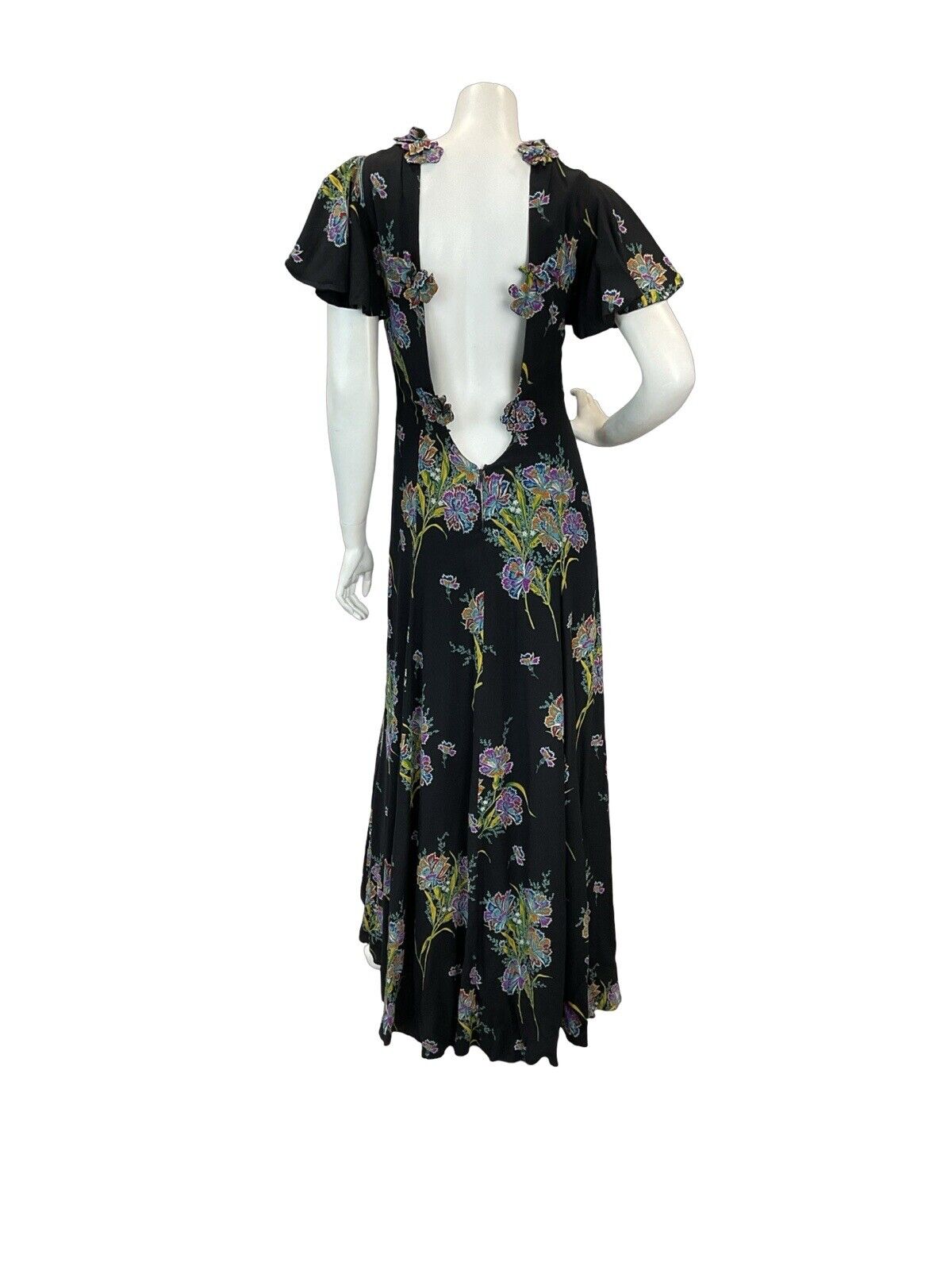 VTG 60s 70s BLACK MULTICOLOUR FLORAL BUTTERFLY SLEEVE MAXI DRESS 8