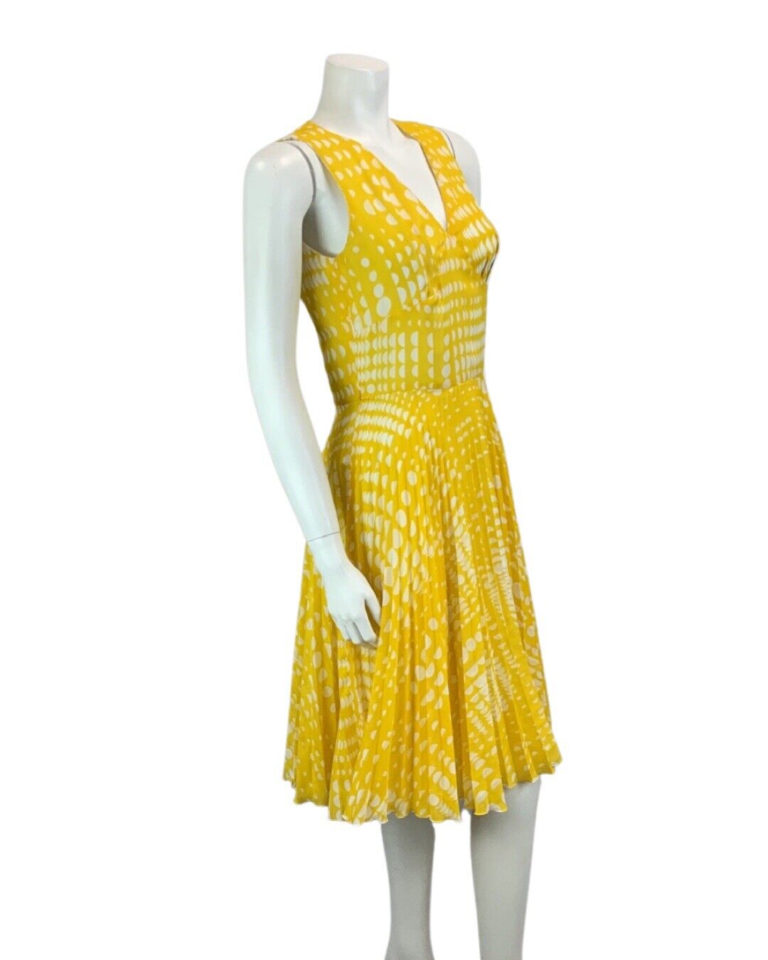 VINTAGE 60s 70s YELLOW WHITE POLKA DOT FLOATY PLEATED MIDI DRESS 10