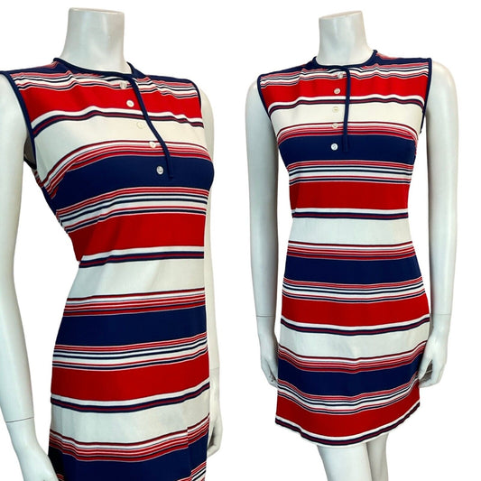 VTG 60S MOD STRIPED RED BLUE SCOOTER GOGO SLEEVELESS MINI DRESS SIZE 12