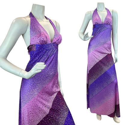 VTG 70S SUMMER SUN PINK PURPLE HALTER DISCO PARTY DRESS MAXI DRESS 8 10 12