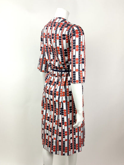 VINTAGE 60s 70s WHITE BLUE RED DOTTY STRIPED BELTED MOD DRESS 10 12