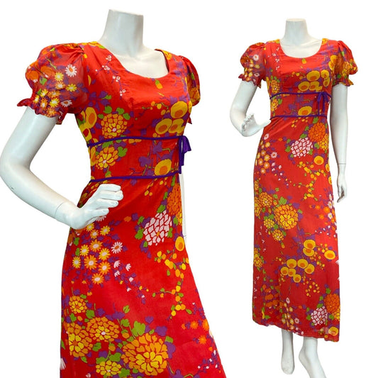 VTG 70S PSYCHEDELIC FLORAL DAISY EMPIRE MAXI DRESS RED ORANGE YELLOW PURPLE 8