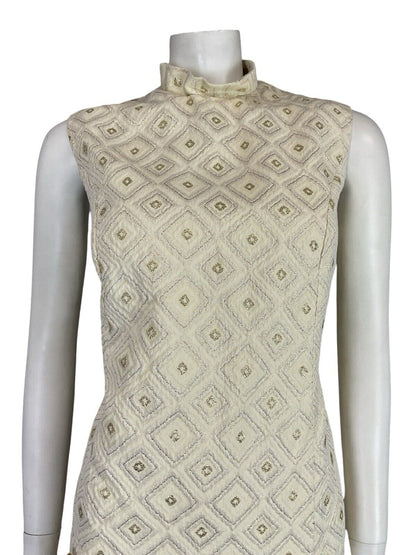 VTG 60S MOD GOLD CREAM FUNNEL NECK DIAMOND GEOMETRIC TUNIC PARTY DRESS M 12 14