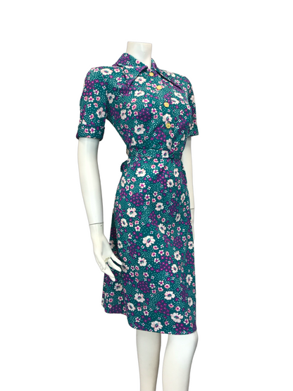 VTG 60S 70S BLUE PINK PURPLE FLORAL DAGGER COLLAR SHIRT DRESS BELT SIZE 10