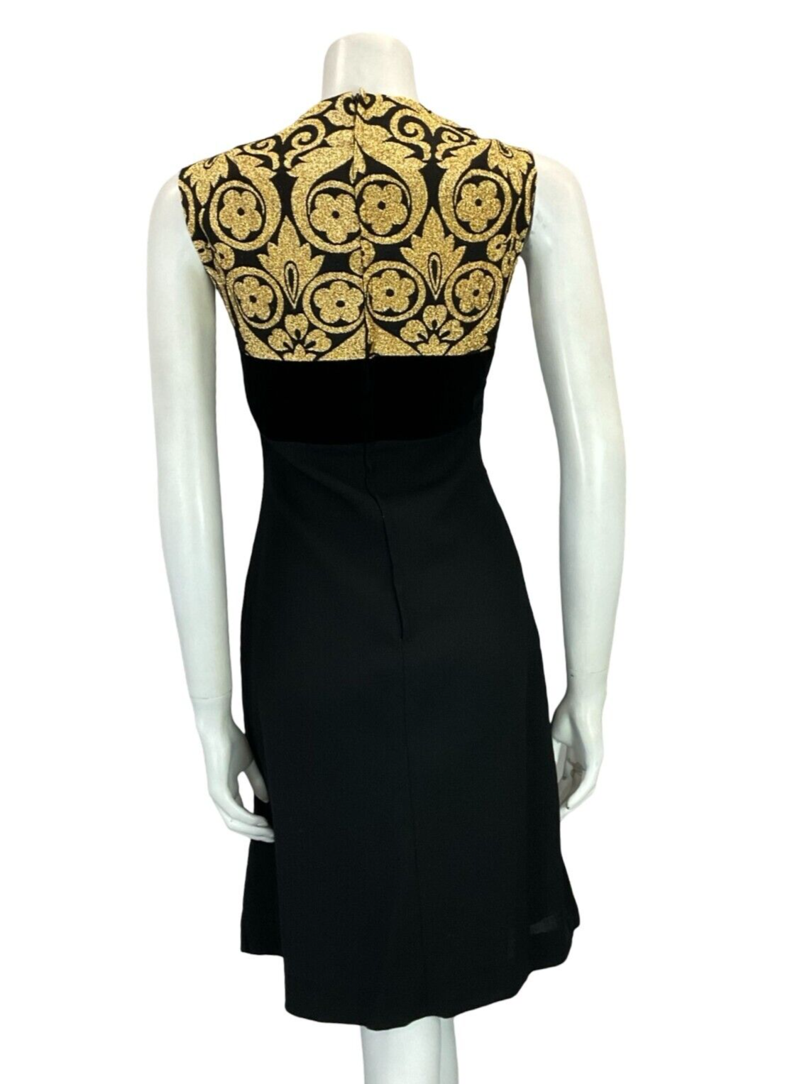 VTG 60S MOD BLACK WOOL GOLD BROCADE SLEEVELESS VELVET EVENING DRESS 10