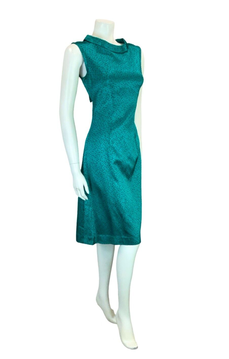 VTG 60S TEAL BLUE BLACK DOTTY SHINY TIE NECK SLEEVELESS OCCASION DRESS 12