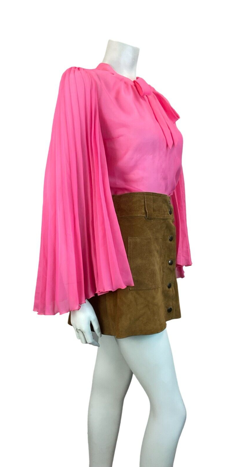 VTG HOT PINK MESH TIE KEYHOLE NECKLINE PLEATED BELL SLEEVE BLOUSE SIZE 14 16