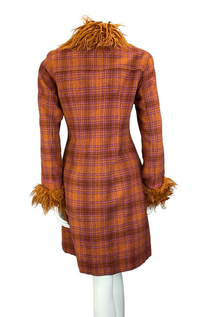 VTG 60S MOD PINK ORANGE FAUX FUR CHECKED TARTAN COAT SIZE 10 12