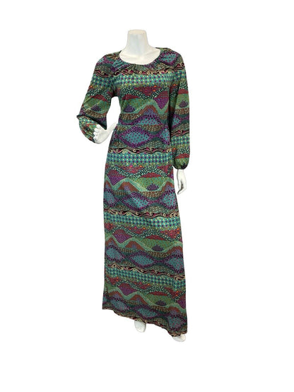 VTG 70S PSYCHEDELIC BLUE GREEN PURPLE PATTERN MAXI DRESS 10 12