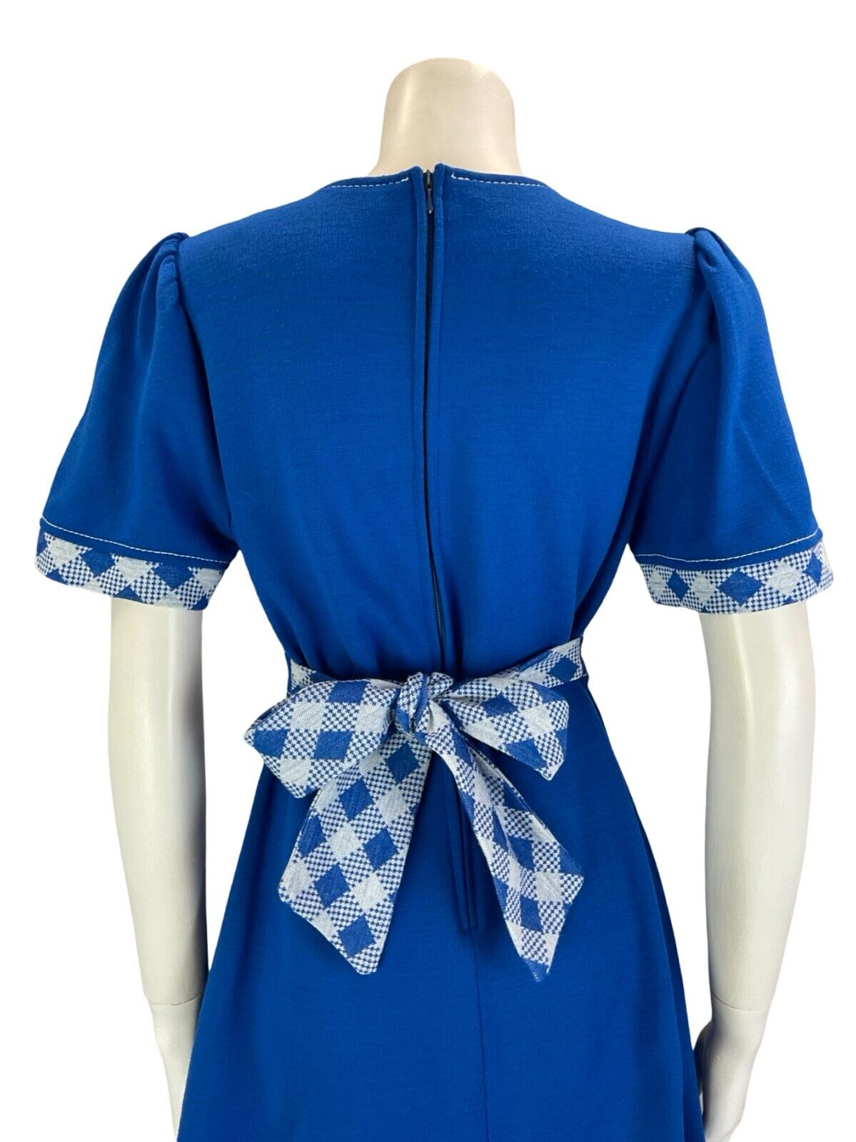 VTG 60S BRIGHT BLUE CHECKED SHORT SLEEVE TIE WAIST BOW MINI DRESS SIZE 12