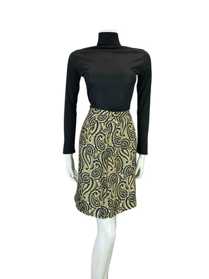 VTG 60S MOD BOHO GOLD BLACK METALLIC PAISLEY PARTY EVENING MINI SKIRT 10