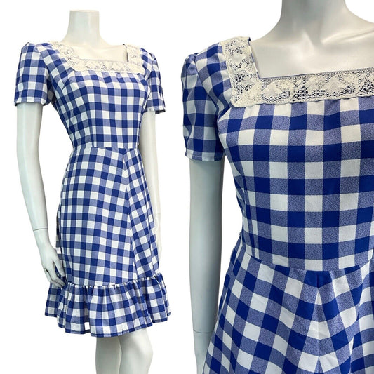 VTG 1970S BLUE WHITE GINGHAM PRAIRIE COTTAGECORE CROCHET MINI DRESS 10 12