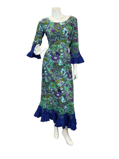 VTG BLUE GREEN PURPLE TRIPPY FLORAL PATTERN ANGEL SLEEVE MIDAXI DRESS 10 12