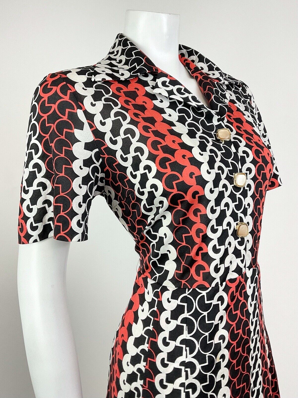 VTG 60s 70s BLACK RED WHITE GEOMETRIC PSYCHEDELIC MOD SHIRT DRESS 14 16