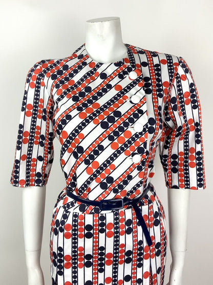 VINTAGE 60s 70s WHITE BLUE RED DOTTY STRIPED BELTED MOD DRESS 10 12