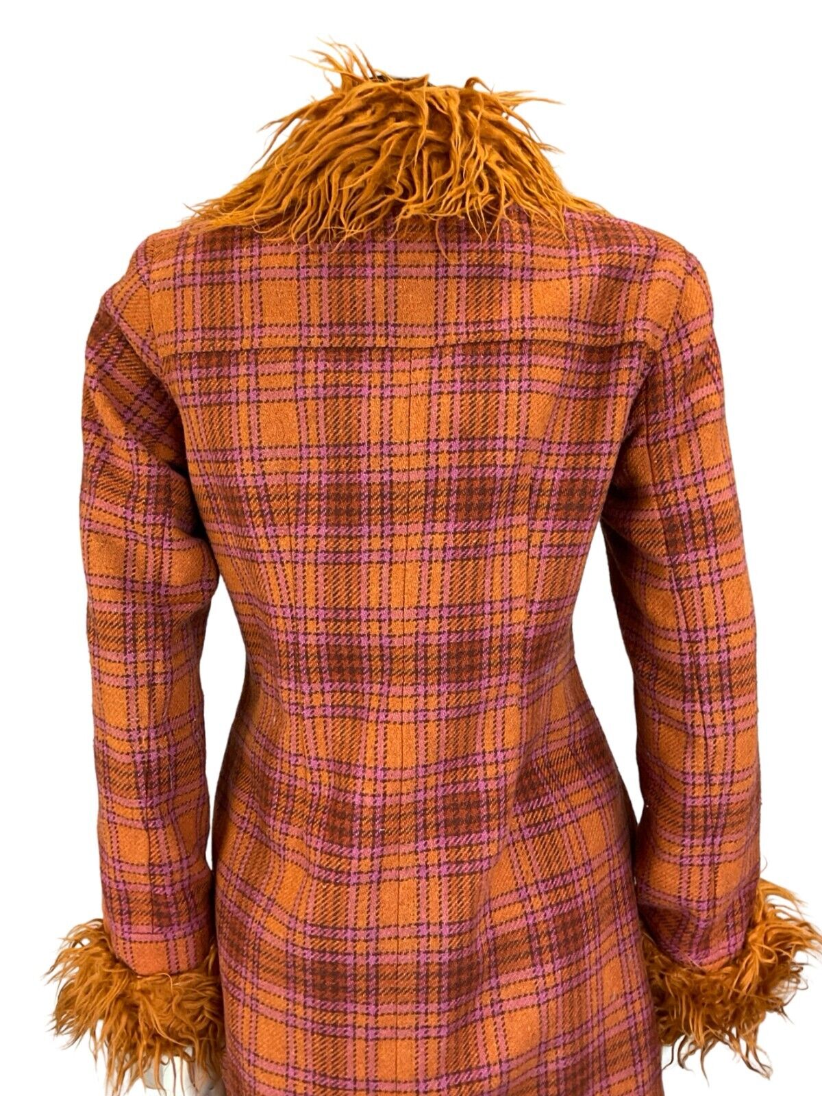 VTG 60S MOD PINK ORANGE FAUX FUR CHECKED TARTAN COAT SIZE 10 12