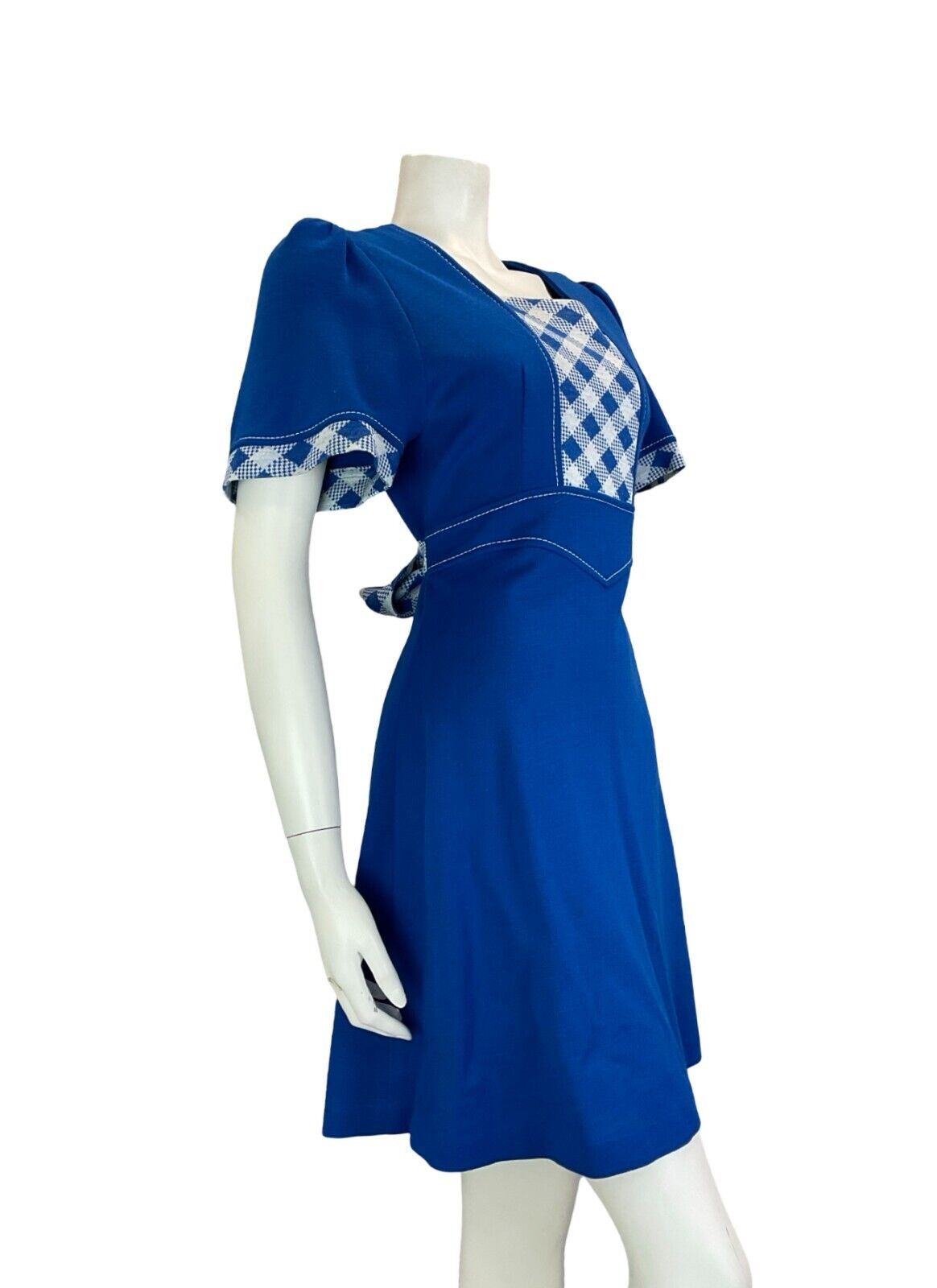 VTG 60S BRIGHT BLUE CHECKED SHORT SLEEVE TIE WAIST BOW MINI DRESS SIZE 12