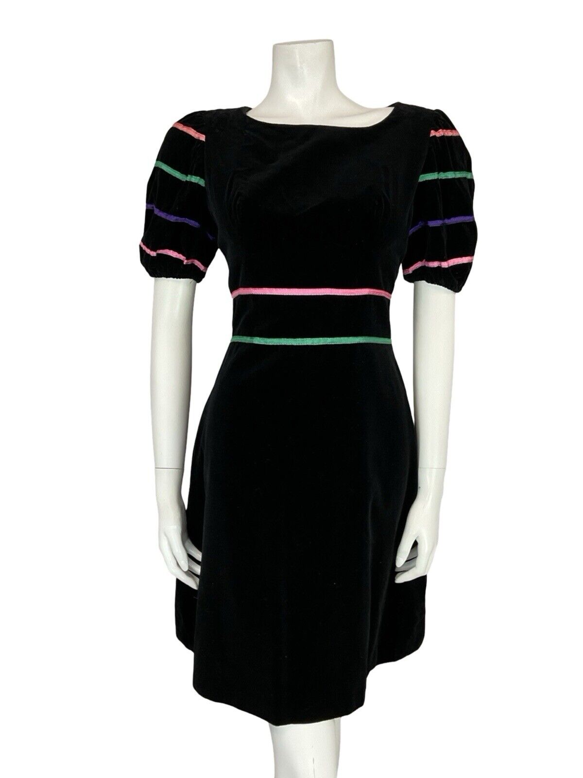 VTG 60S BLACK VELVET PUFF SEEVE PINK GREEN PURPLE RIBBON MINI PARTY DRESS 10