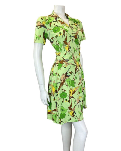 VINTAGE 60s 90s GREEN BROWN YELLOW FLORAL BIRD PARROT MOD SHIRT DRESS 10