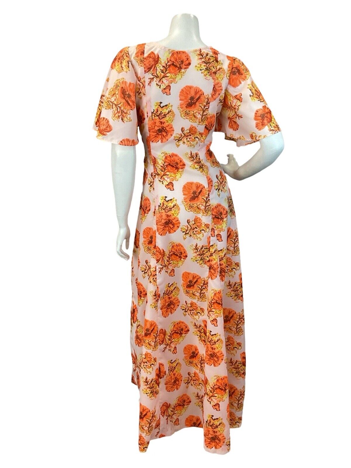 VINTAGE 60s 70s BUTTERFLY SLEEVE ORANGE FLORAL MAXI DRESS 12 14