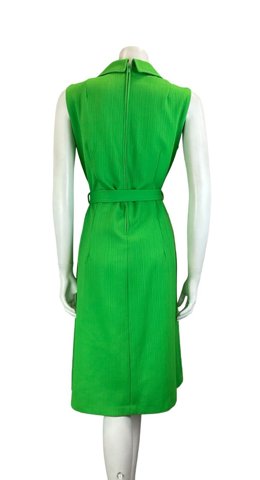 VTG 60S 70S BRIGHT GREEN STRIPED JOHHNY COLLAR SLEEVELESS BELTED SHIRT DRESS 10