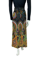 VTG 60S 70S PSYCHEDELIC PAISLEY PARTY GLITTER BLACK ORANGE MIDI SKIRT SIZE 12