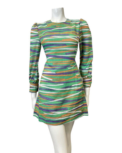 VINTAGE 60s 90s GREEN PURPLE ORANGE STRIPED LONGSLEEVE MOD MINI DRESS 8 10