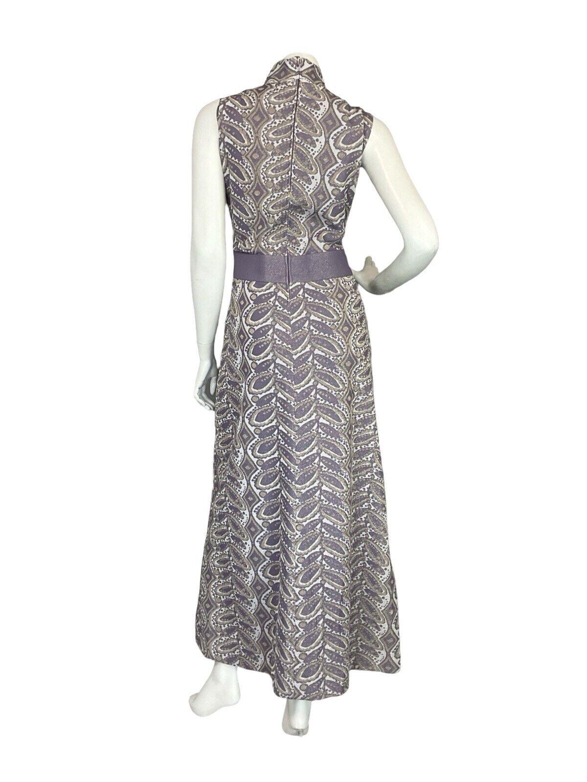 VTG 60S 70S PURPLE GOLD LUREX FUNNEL NECK PSYCHDELIC EVENING PARTY MAXI DRESS 14