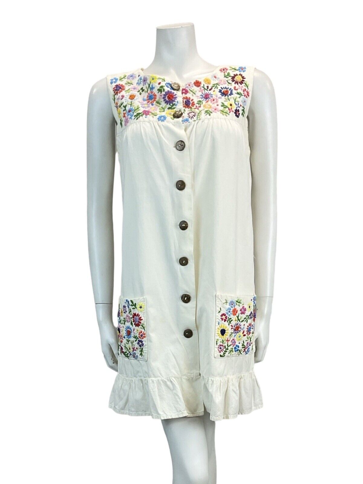 VTG 70S EMBROIDERED FLORAL SMOCK MINI DRESS 10 12