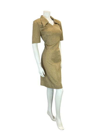 VTG 70S OPEN WING COLLAR GOLD LUREX PARTY SHORT SLEEVED SHIRT DRESS SIZE 12 14