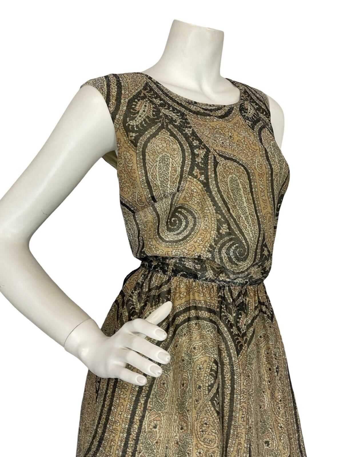 VTG 60S 70S CREAM GOLD BLACK PAISLEY BOHO HIPPY EVENING PARTY MAXI DRESS 12