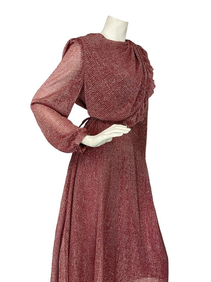 VTG 70S BURGUNDY LUREX LONG SLEEVE BLOUSON TIE WAIST PARTY DRESS 10 12