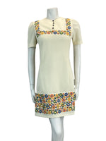 VTG 60S 70S CREAM EMBROIDERED FLORAL MINI DRESS MOD SCOOTER 8 10