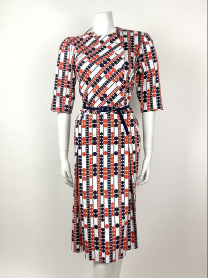 VINTAGE 60s 70s WHITE BLUE RED DOTTY STRIPED BELTED MOD DRESS 10 12