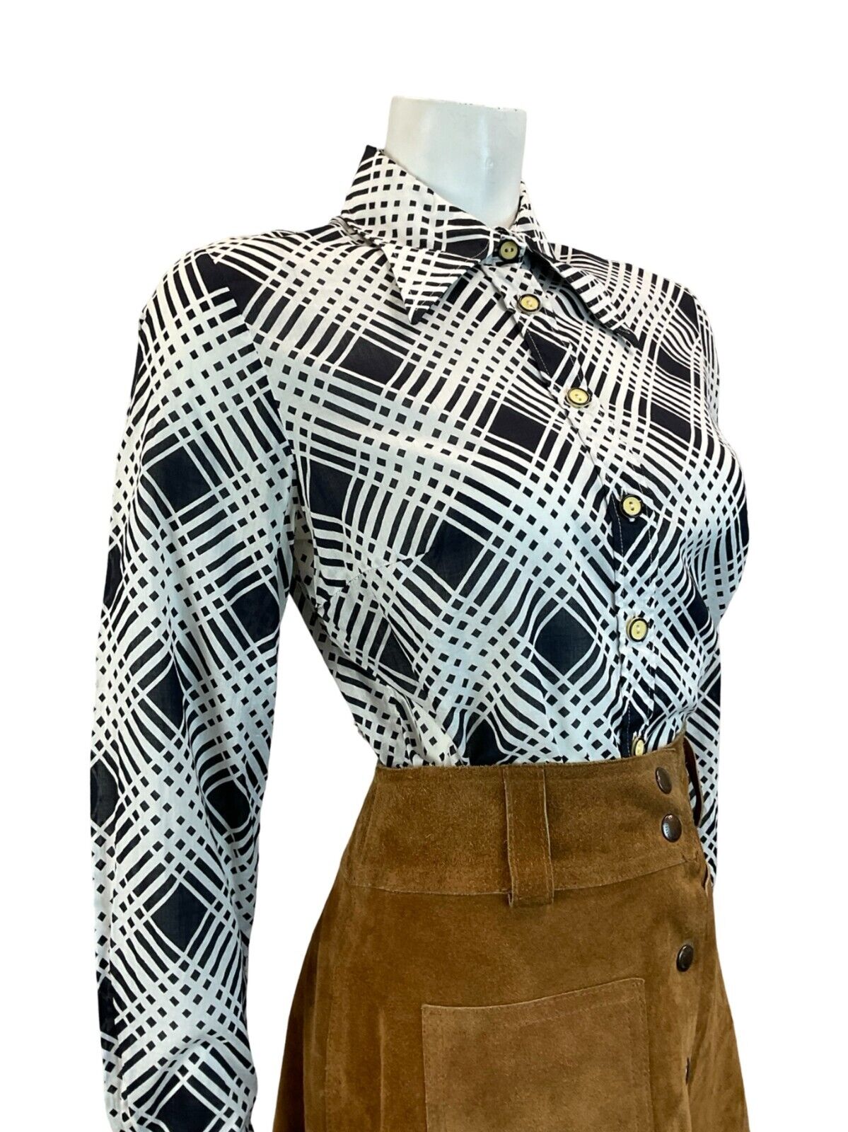 VTG 60S 70S GEOMETRIC PSYCHDELIC BLACK WHITE LONG SLEEVE DAGGER COLLAR SHIRT 12