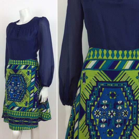 60S 70S VINTAGE PSYCHEDELIC GREEN BLUE COTTON SILKY MINI DRESS 6