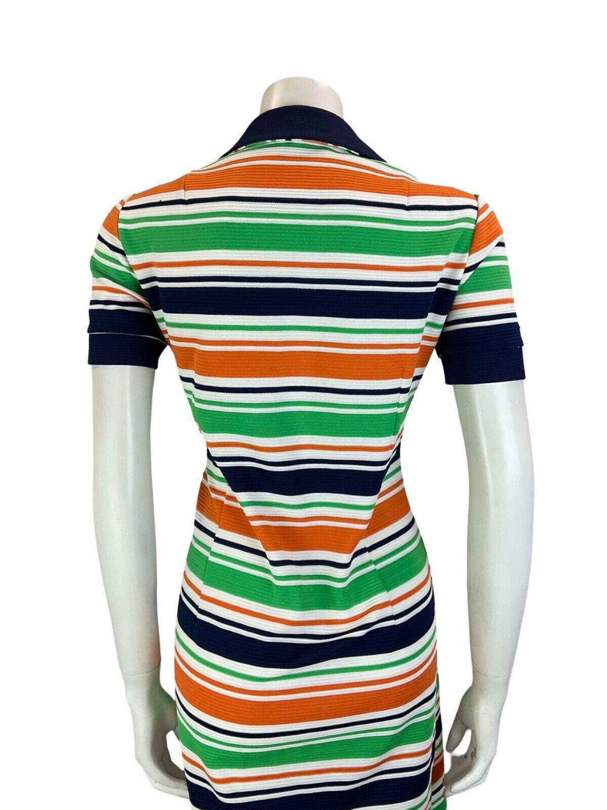 VTG 60S 70S STRIPED NAVY BLUE WHITE ORANGE GREEN JOHHNY COLLAR SHIRT DRESS 14 16